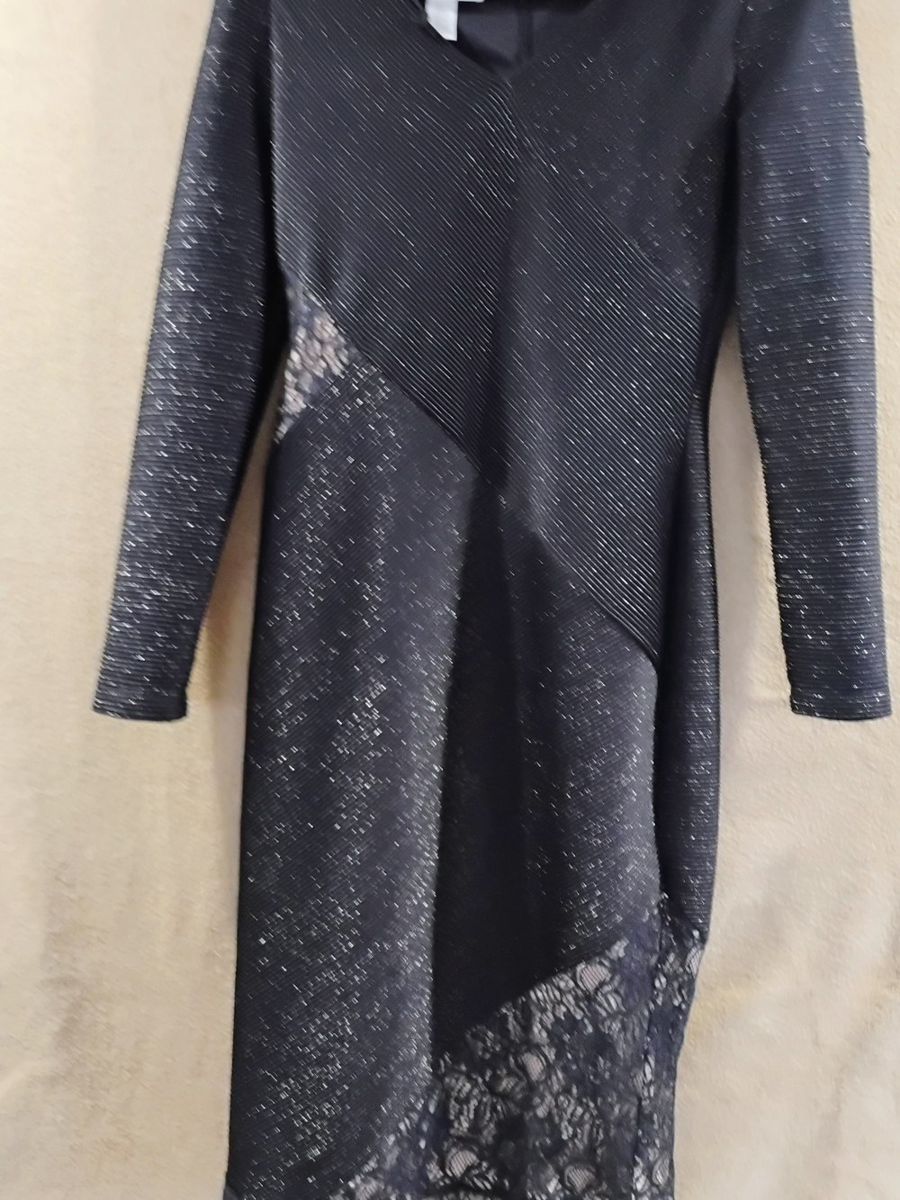 London Times Black Sparkle Lace-Accent Long Sleeve Dress